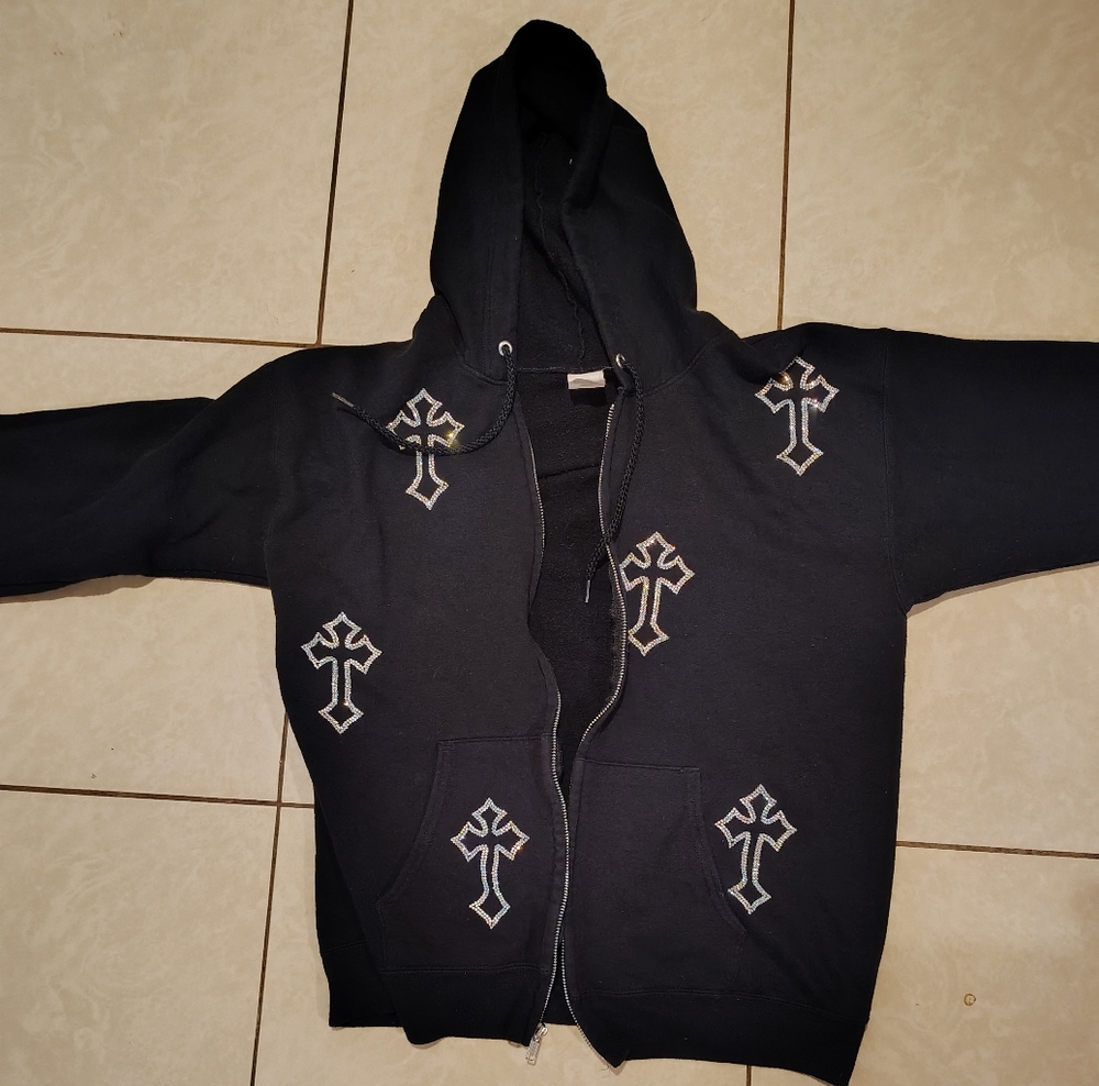 Black Zip-Up Sweater with Cross Design